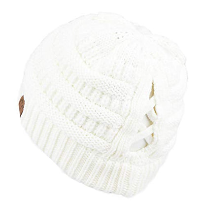 C.C Exclusives Soft Stretch Cable Knit Messy Bun Ponytail Beanie Winter Hat for Women (MB-20A) - color: 0 Criss-cross Ivory