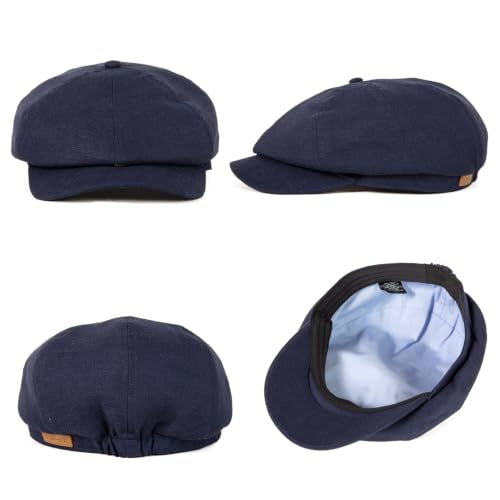 XL XXL Oversized 8 Panel Natural Linen Flat Cap Newsboy Hat Lightweight Summer Cooling Golf Outdoor Eco-Friendly - color: Navy Herringbone(elastic), size: Medium-Large