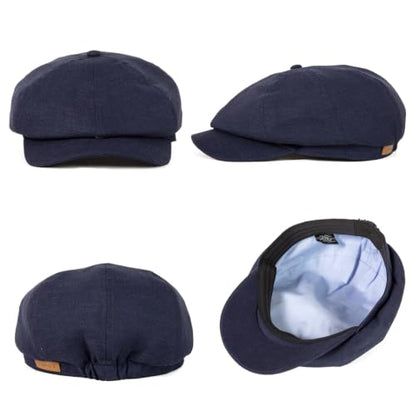 XL XXL Oversized 8 Panel Natural Linen Flat Cap Newsboy Hat Lightweight Summer Cooling Golf Outdoor Eco-Friendly - color: Navy Herringbone(elastic), size: Large-X-Large