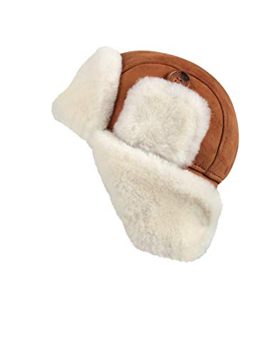 Winter Trapper Fur Hat for Women Men - Trooper Aviator Genuine Leather Shearling Sheepskin Ushanka Hat - color: Cognac, size: XX-Large