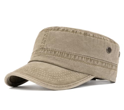 Military Cadet Army Cap for Men Women-Washed Cotton Vintage Adjustable Flat Top Baseball Hat - color: Washed Khaki