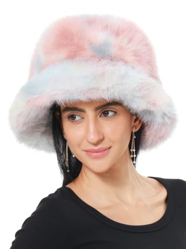 LA CARRIE Women's Fuzzy Wide Brim Faux Fur Bucket Hat Winter Fisherman Cap - color: Red Blue