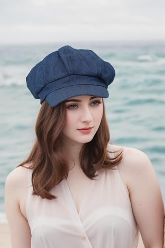 Womens Newsboy Cap Summer Beret Cap- 100% Cotton 8 Panels Vintage Cabbie Hat- Octagonal Visor Cap for Women Girls Ladies Gift - color: Denim
