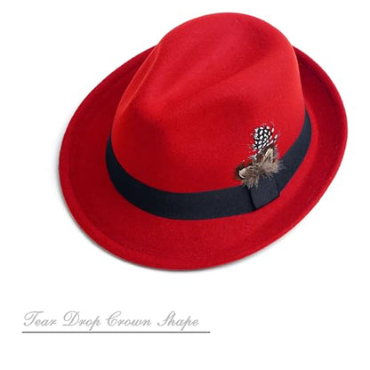 Short Brim Fedora Hat for Men Women Felt Trilby with Feather - color: Red