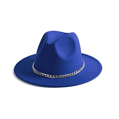 Women Men Wide Brim Fedoran Hat with Chain Belt Buckle - color: Blue