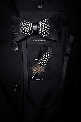 RBOCOTT Handmade Feather Pre-tied Bow tie and Brooch Sets for Men - color: Black/White