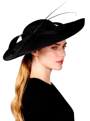 Big Wide Brim Fascinator Hats for Women Ladies Kentucky Tea Party Dress Flat Top Fedoras Hat with Bow Feather - color: Black