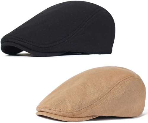 2 Pack Newsboy Cap for Men Women Flat Cap Beret Ivy Cabbie Hat - color: Black + Khaki