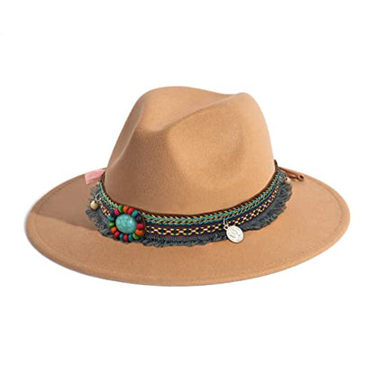 Women's Felt Fedora Hat Wide Brim Panama Hats with Tassel - color: Z Belt Camel