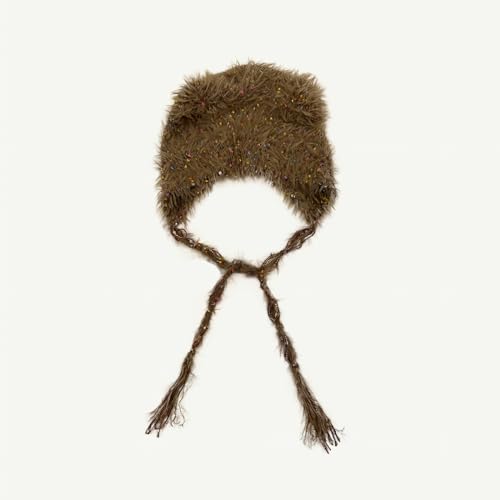 LumiSyne Winter Hat Cute Cat Ear Shape y2k Style Furry Knit Earflap Hat with Long Ear Straps Peruvian Cover Ear Beanie Hat - color: Coffee