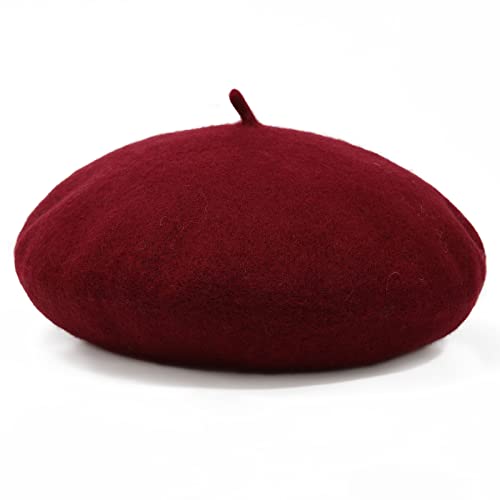 Women French Wool Beret Hats - Solid Color Classic Beanie Winter Cap - color: Thicker-wine Red