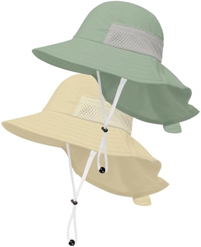 Toddler Baby Sun Hat Kids Summer Beach Essentials Adjustable Beach Hats with Bucket Wide Brim for Boys Girls Age 0-14 Years - color: 2 Pack - Army Green+beige, size: 0-6 Months