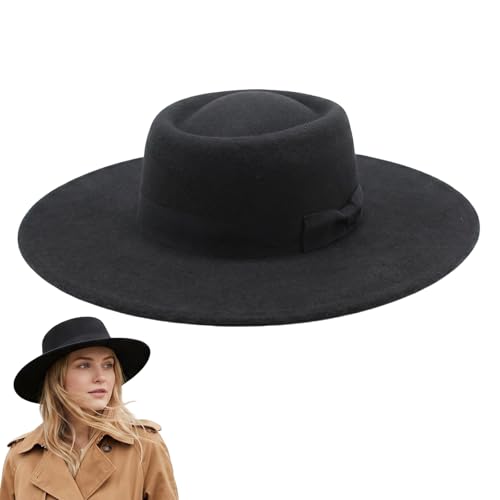 Wide Brim Felt Fedora Hat with Bow Belt, Flat Top Vintage Jazz Cap - color: Black