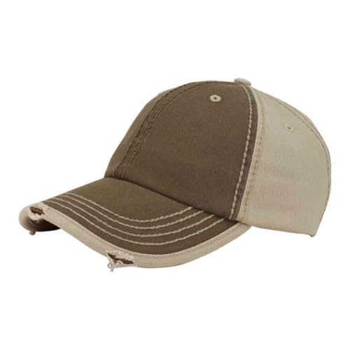 Washed Cotton Distressed with Heavy Stitching Adjustable Baseball Cap - color: Distressed Brown/Khaki