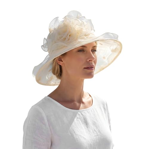 Women's Organza Sun Hat Vintage Floral Derby Church Hat Wide Brim Bucket Fascinators for Tea Party Wedding Cocktail - color: Beige