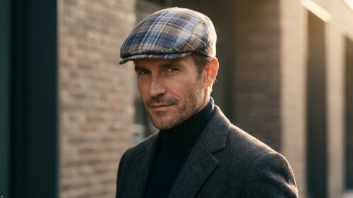 Hats in the Belfry Italia Men's Flat Cap, 100% Linen, Blue Brown Cream Plaid, Made in Italy, Newsboy Style, Casual Wear - color: Blue Plaid, size: X-Large