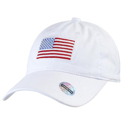 Falari USA Flag Embroidered Baseball Cap, Low Profile Adjustable Dad Hat, 100% Cotton, Pre-Washed - color: White