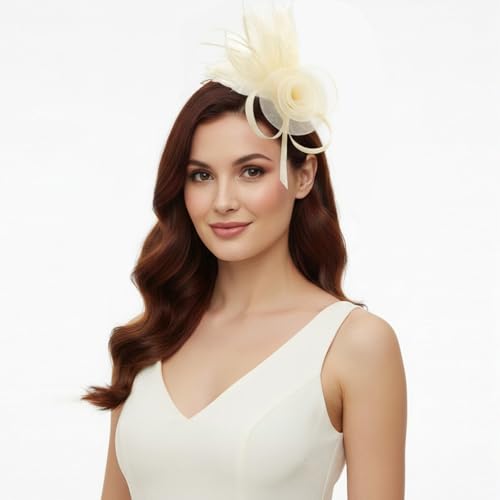 DRESHOW Fascinators Hats for Women Tulle Feather Tea Party Fascinator Hats - color: Cream White