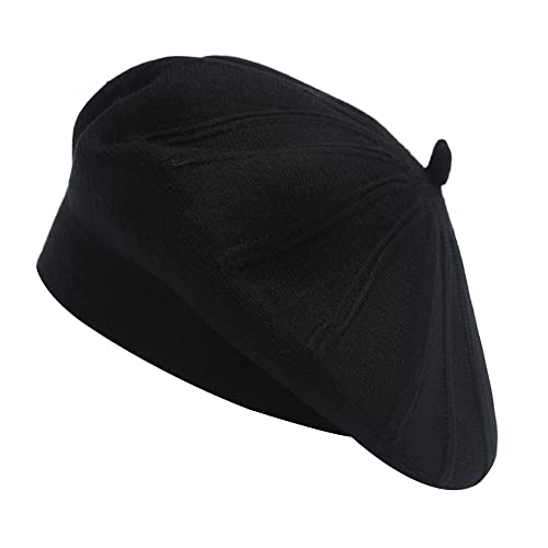 ZLYC Women French Beret Hat Reversible Solid Color Knit Warm Artist Cap - color: Black