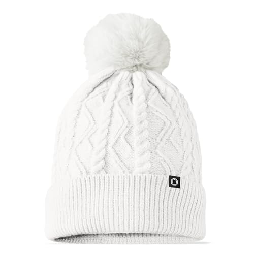 DALIX Cable Knit Pom Beanie Soft Stretch Skully Warm Fuzzy Faux Sherpa Winter Ski Beanie - color: White