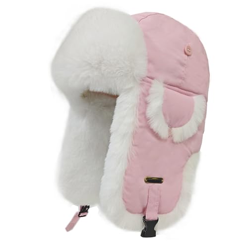 Trapper Hat for Men Women Faux Fur Aviator Russian Ushanka Hat Winter Hunting Hats with Ear Flaps Fur Tropper Bomber Ski Hats - color: Pink, size: Small-Medium