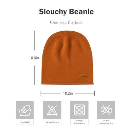 100% Merino Wool Slouchy Beanie Hat, Women Warm Winter Caps Soft, Ladies Breathable & Cozy Stretchy Knitted Skull Cap - color: Orange