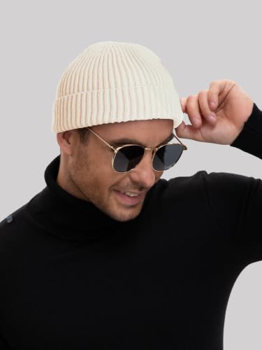 50% Wool Knit Short Fisherman Beanie for Men Women Warm Winter Hat - color: #Beige