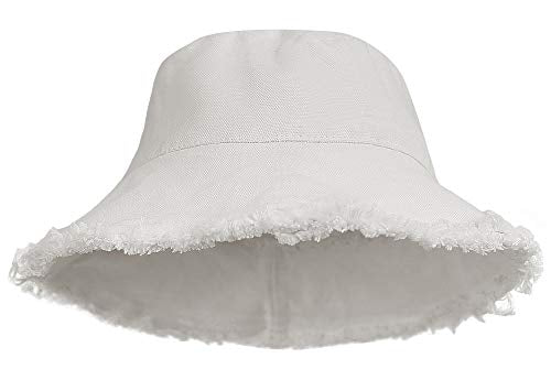 Womens Bucket-Hat Distressed Sun-Protection Washed-Cotton - Summer Wide Brim Beach Cap(7 1/8 Size) (White 01)