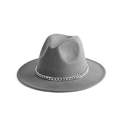 Women Men Wide Brim Fedoran Hat with Chain Belt Buckle - color: Light Grey
