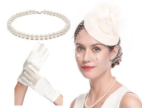 Fascinator Hats for Women 20s 50s Vintage Pillbox Hat Kentucky Derby Fascinators Flower Veil Wedding Tea Party Hat - color: 1-beige Set