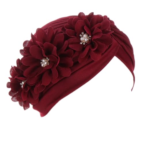 Flower Pre-Tied Turban Beanie, Soft Chemo Cap for Women Cancer Hair Loss - color: Wine