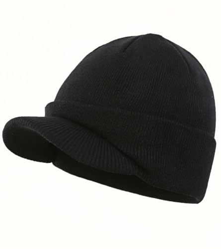 Home Prefer Men's Winter Beanie Hat with Brim Warm Double Knit Cuff Beanie Cap Watch Radar Hat - color: Black