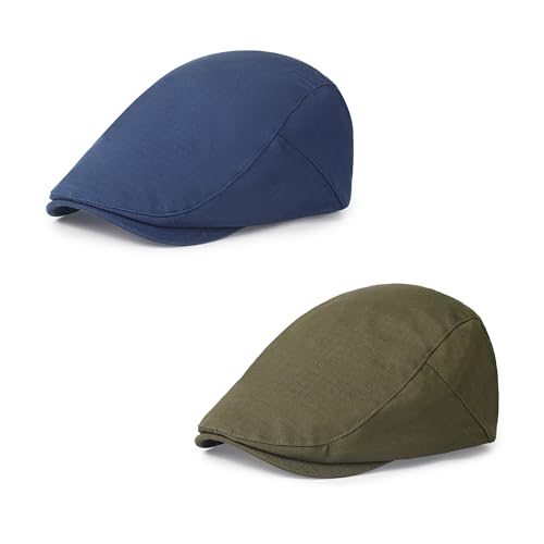 2Pcs Men's Newsboy Cap Cotton Flat Ivy Gatsby Driving Hat - color: 2b3-armygreen+navy