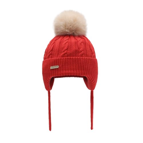 ZLYC Kids Girls Boy Winter Hat Cotton Lined Pom Pom Beanie Earflap Knit Cap - color: Solid Red