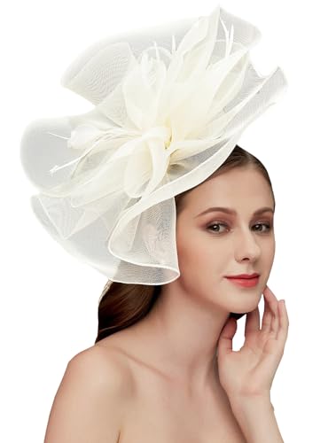 Women's Fascinators Hat for Women Tea Party Headband Wedding Cocktail Flower Mesh Feathers Hair Clip - color: 01 Beige