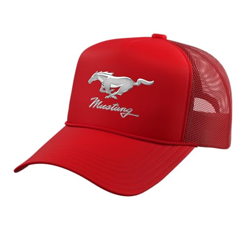 Mustang Emblem Trucker Hat with Adjustable Mesh Back - color: Red