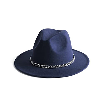 Women Men Wide Brim Fedoran Hat with Chain Belt Buckle - color: Navy Blue