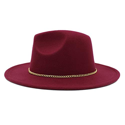 Premium 3" Wide Brim Solid Color Felt Gold Chain Fedora Panama Hat - color: Burgundy