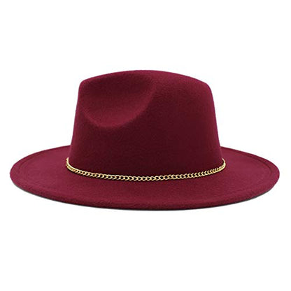 Premium 3" Wide Brim Solid Color Felt Gold Chain Fedora Panama Hat - color: Burgundy