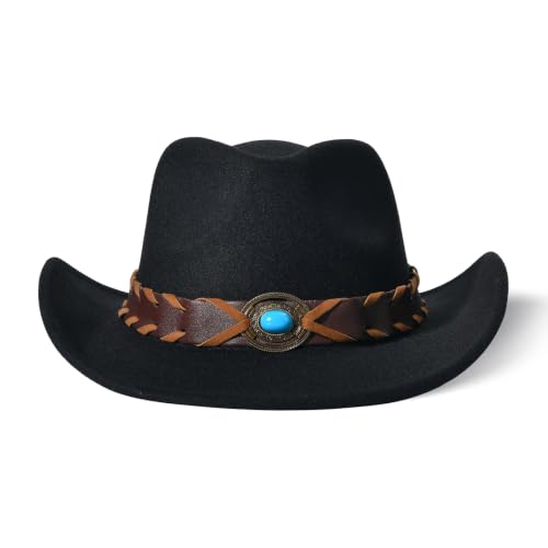 Classic Western Cowboy Hat Cowgirl Hat Unisex Men's & Women's Wide Brim Felt Fedora Hat Flat Top with Buckle Belt - color: Black 8#, size: 7-7 1/4
