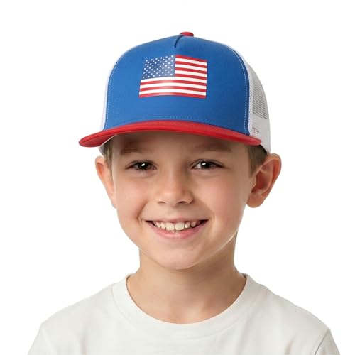 BROMZ Kids Youth American Flag Trucker Hat Flat Bill, Breathable Mesh Back Snapback Baseball Cap for Boys Girls 5-15 Years - color: Blue/Red/Us Flag