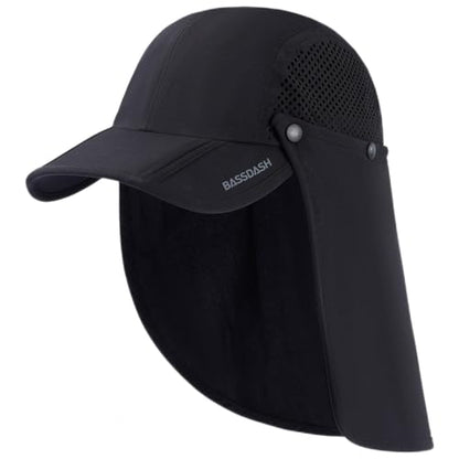 BASSDASH UPF 50+ Fishing Hat, Baseball Cap with Removable Neck Flap - color: Black With Foldable Brim
