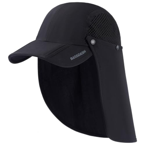 BASSDASH UPF 50+ Fishing Hat, Baseball Cap with Removable Neck Flap - color: Black With Foldable Brim