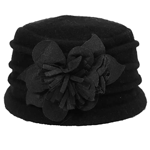 Women's Wool Dress Church Cloche Hat Bucket Winter Floral Hat - color: Floral-black