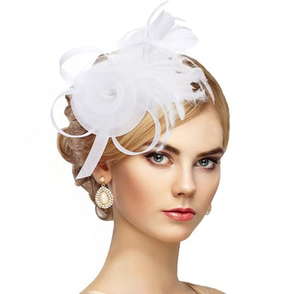 Zinniday Victorian Feather Fascinators Hats - 2025 Derby Attire Headwear with Hairpin,1920s Tea Party Hat for Woman - color: White