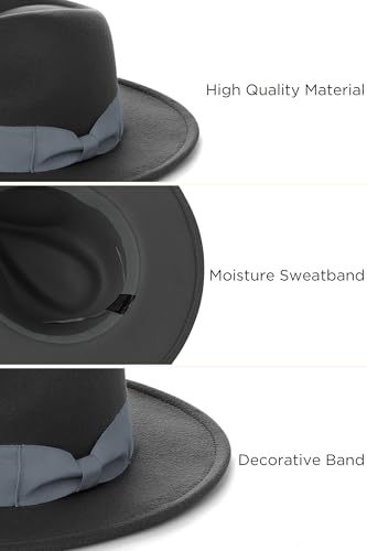 BABEYOND 1920s Fedora Hat for Men Gatsby Wide Brim Hat Felt Panama Cap - color: Dark Grey