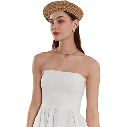 Straw Beret Summer French Beret Hats for Women Artist Crochet Beret - color: Khaki