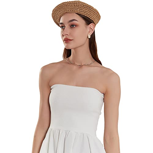 Straw Beret Summer French Beret Hats for Women Artist Crochet Beret - color: Khaki