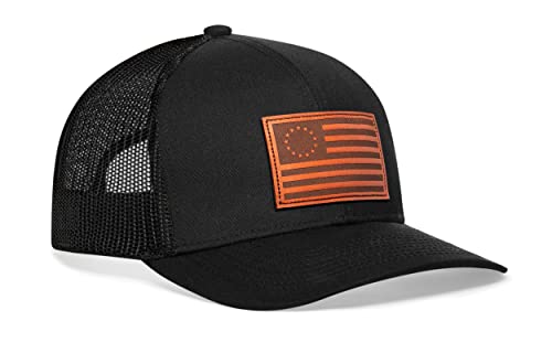 HAKA American Flag Hat | USA Mesh Trucker Snapback Comfort Baseball Cap - color: Black, style: Betsy Ross Flag Hat - Leather