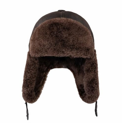 Handmade Sheepskin Leather Trapper Hat – Aviator Cap with Fur Lined Ear Flaps, Shearling Russian Ushanka Winter Hat - color: Brown, size: Large